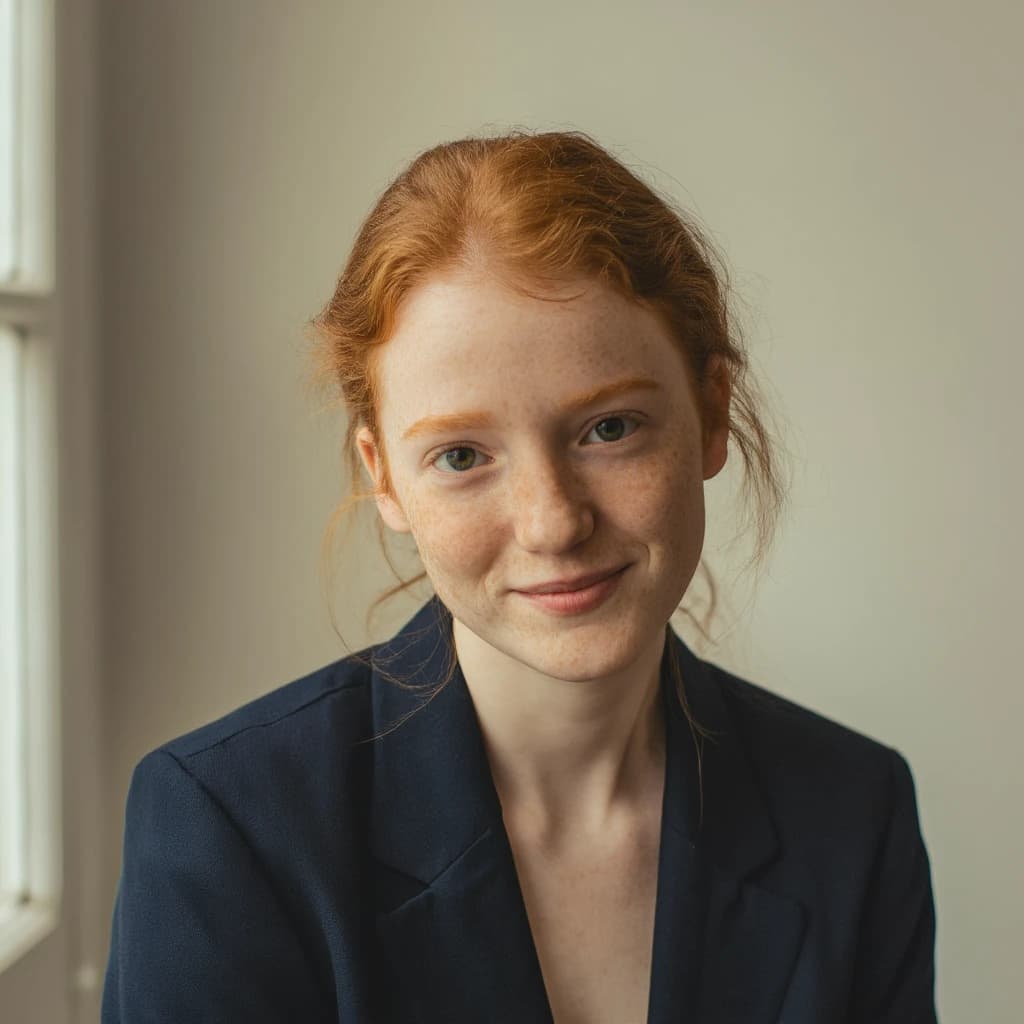 Capture a head-and-shoulders portrait of a freckled red-haired violinist in a navy blazer, soft window light, 85mm at f/1.8, gently smiling yet serious eyes, muted tones.
