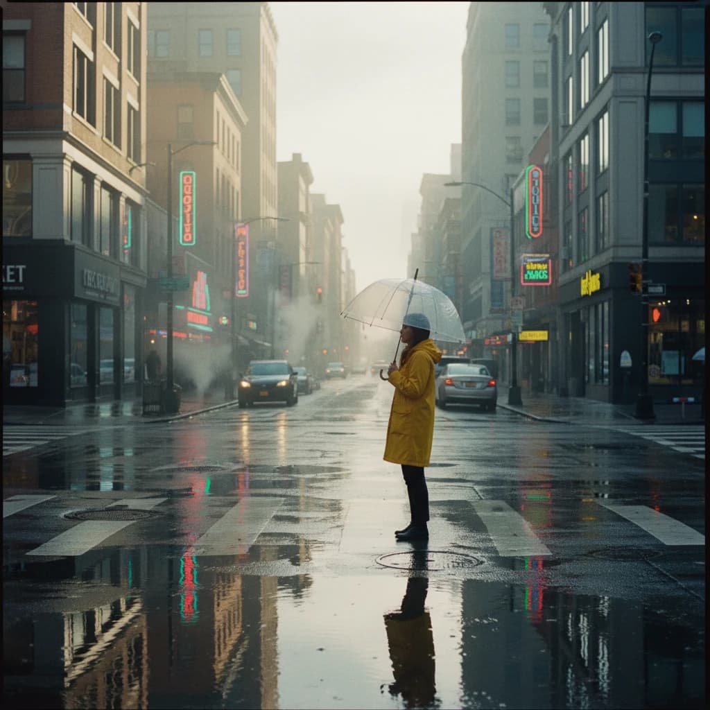 A sunlit city street after rain; puddles mirror neon signs as a woman in a yellow raincoat waits at a crosswalk, soft mist, 50mm look, natural tones, a bit of film grain.