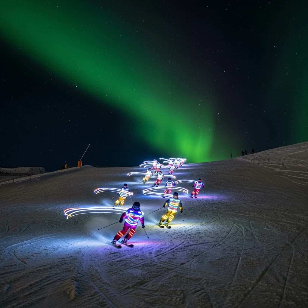 Coronet Peak Night Skiing: Skiers in colorful LED suits carve their way down the slopes of New Zealand's Coronet Peak under the Aurora Borealis, the skiers' light trails visible behind them