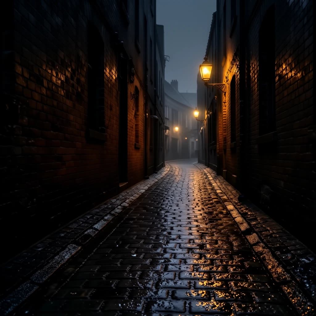 Show a narrow brick alley with wet cobblestones.