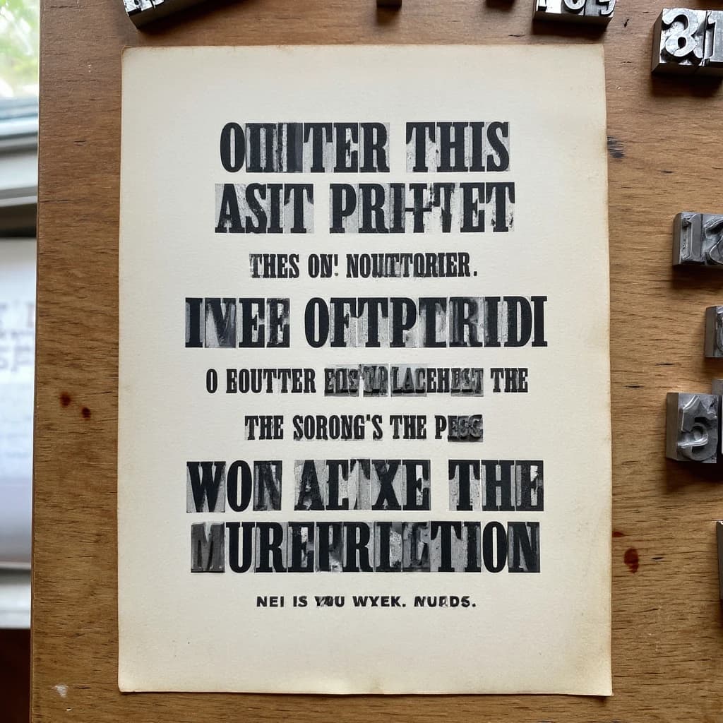 A vintage letterpress poster on a wooden desk: bold slab serif headline, tight kerning, misregistered ink, slightly worn edges, scattered metal type, soft window light.