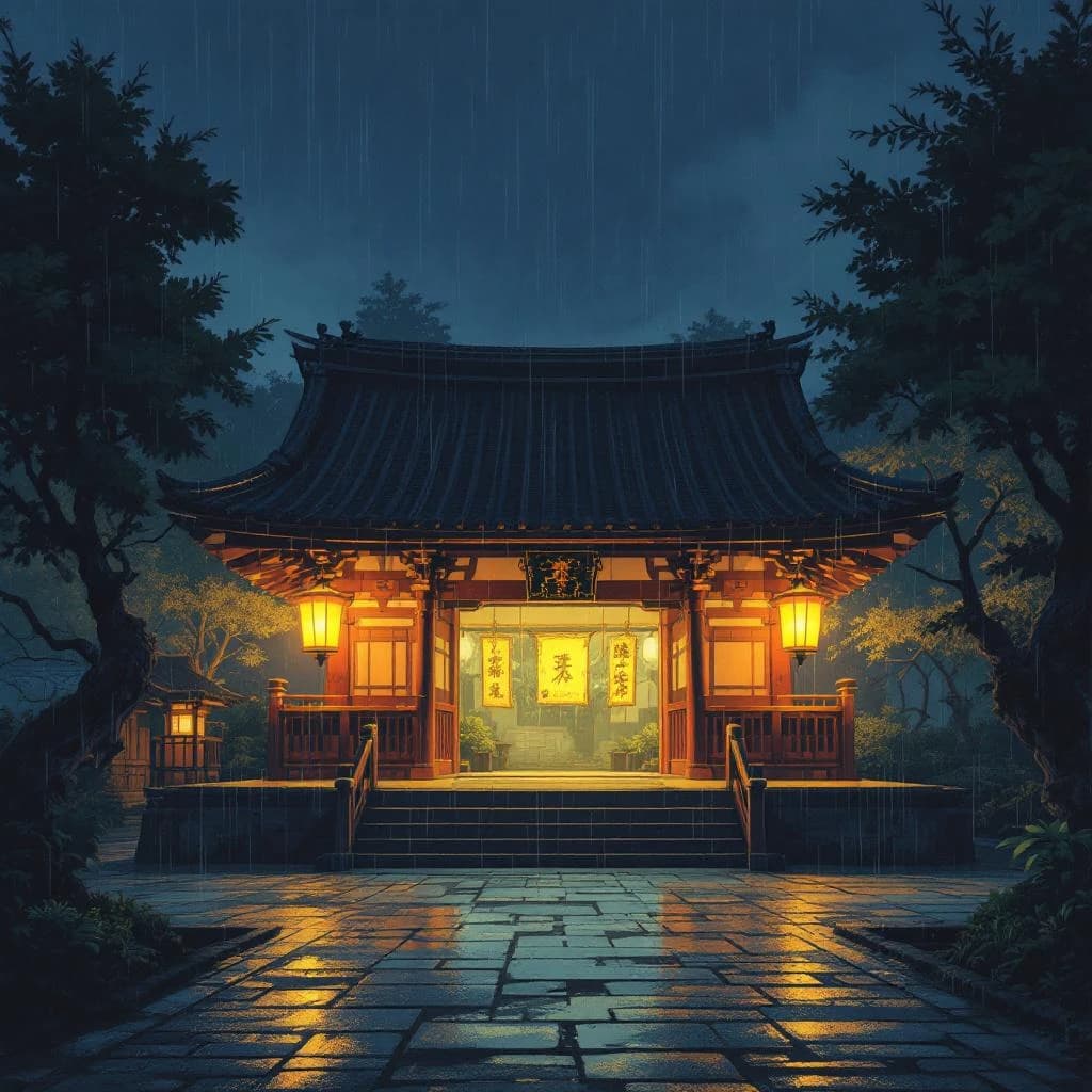 Lantern-lit shrine courtyard at night, cel-shaded, soft glow, drizzle.