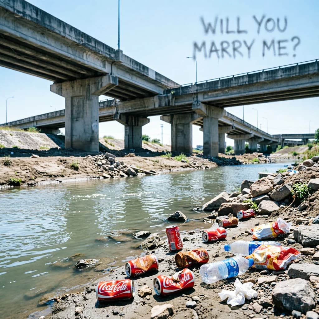 Red soda cans and other garbage sit strewn across the bank of an urban river only a few metres wide. Concrete overpasses criss cross overhead on a bright and sunny day. Fading skywriting proposes marriage