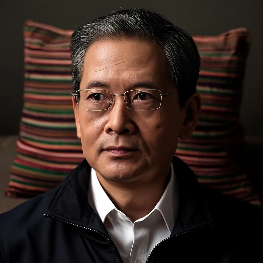 A sharply lit portrait of a middle-aged man wearing thin-rimmed glasses and a dark jacket over a white collared shirt. He gazes intently to the side, his face half illuminated by warm light while the background recedes into deep shadow. The expression is thoughtful, almost wary, as if caught mid-conversation. Behind him, a striped cushion in muted reds and blacks adds subtle texture, contrasting with the crisp highlights on his forehead and glasses. The overall mood is contemplative and cinematic, balancing warmth with tension.