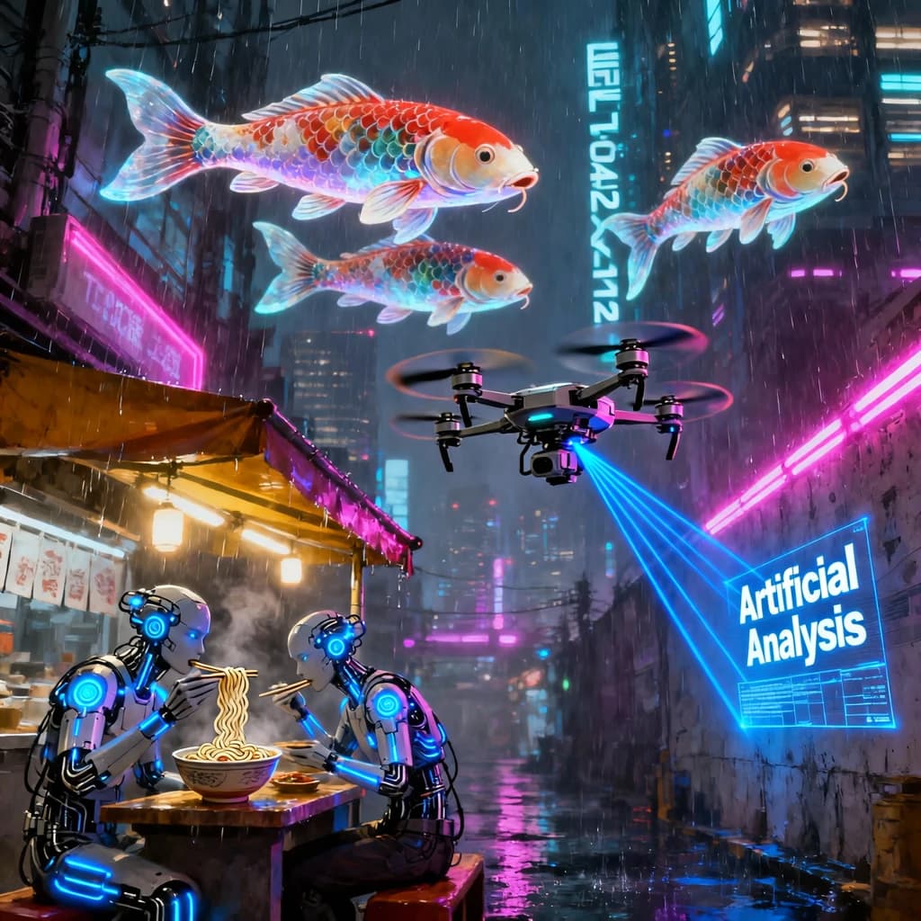 A neon alley in Neo-Tokyo 2142 drips with rain Cybernetic patrons slurp ramen at a stall with their glowing implants humming with blue light. Three giant holographic koi hover 10 metres above the ground and swim across the skyline, one has clipped into a building. A six-prop drone hovers nearby, projecting "Artificial Analysis" onto a wall with blue laser beams visible