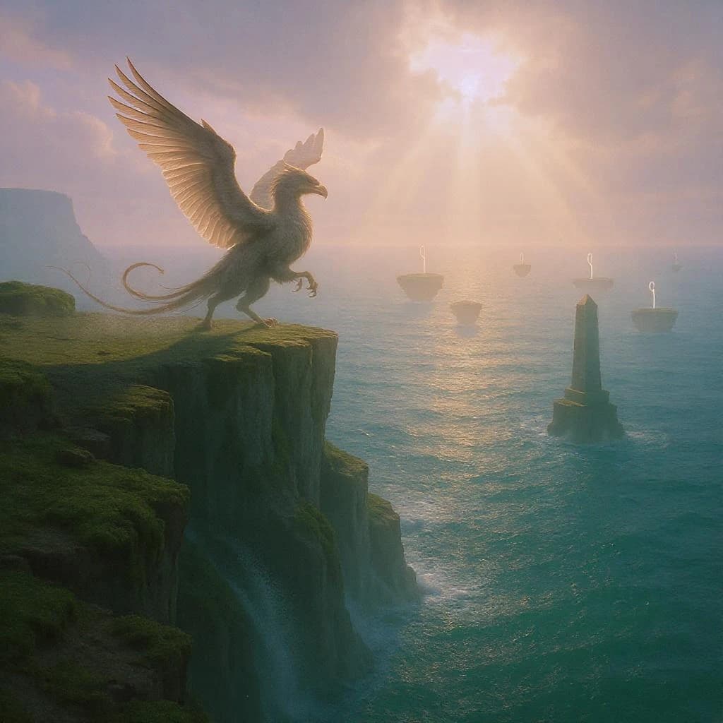 At dawn, a winged griffin lands on a mossy cliff above a jade sea beside a runed obelisk; floating isles drift under golden sunbeams, with a bit of sea spray and glowing runes.
