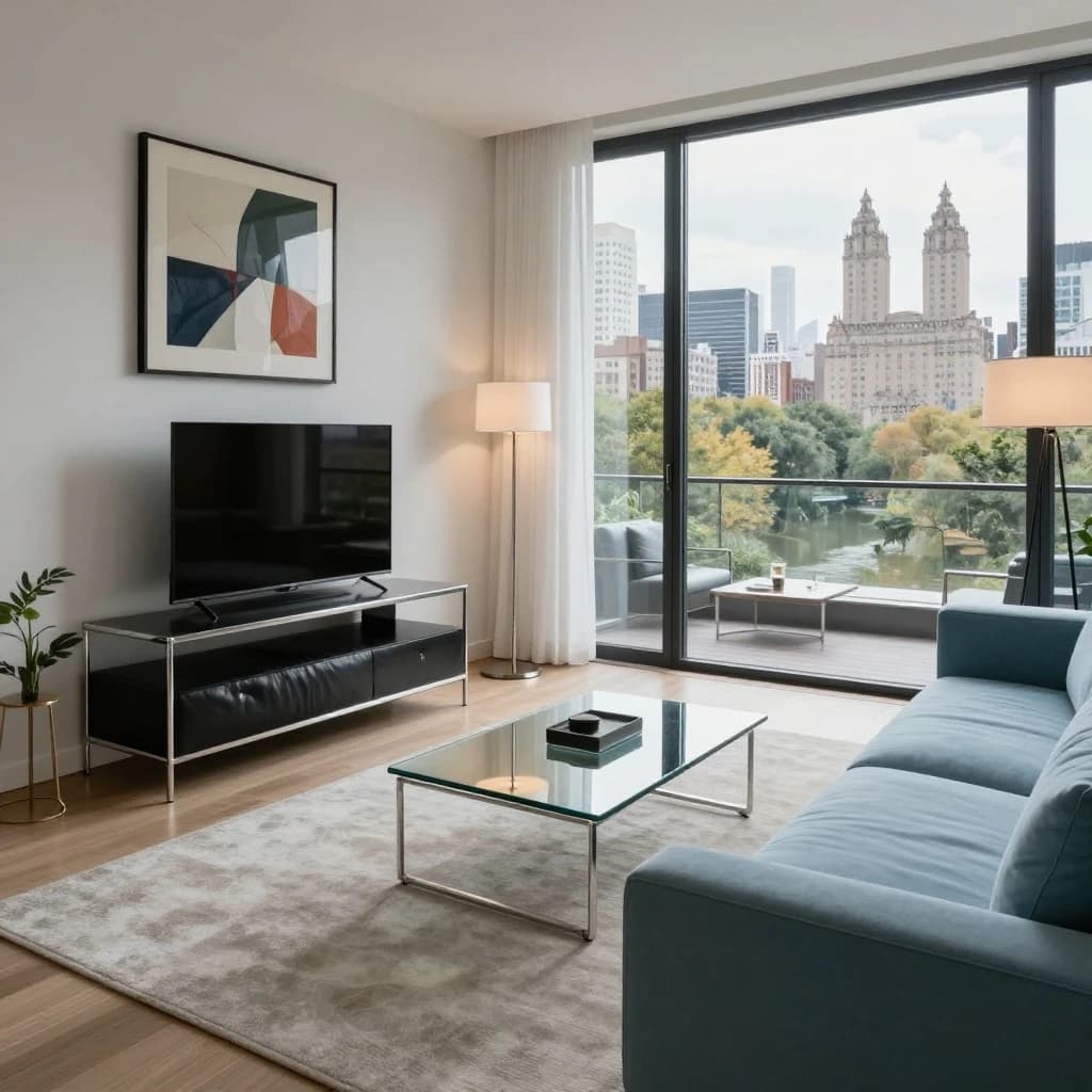 My apartment overlooks Central Park. It’s very luxurious, very expensive, and the furniture is minimal — a black leather couch, a glass coffee table with chrome legs, an Arne Jacobsen floor lamp. A big-screen television set rests on a steel shelving unit. A David Onica painting hangs above the couch. There’s a stainless steel and glass cocktail table. A powder-blue sofa. A thirty-inch digital TV.