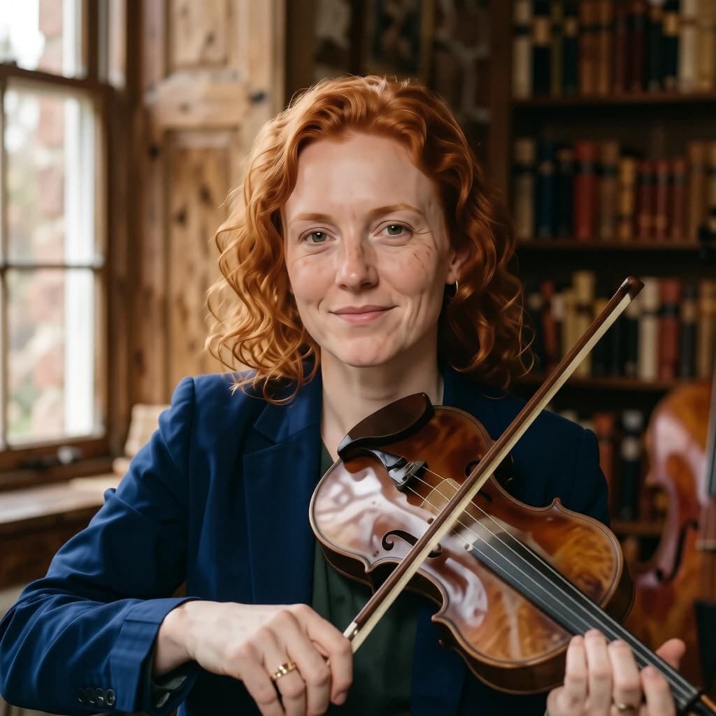 Capture a head-and-shoulders portrait of a freckled red-haired violinist in a navy blazer, soft window light, 85mm at f/1.8, gently smiling yet serious eyes, muted tones.