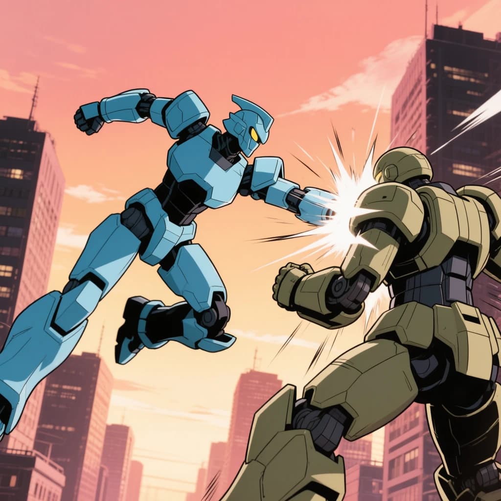 Make a cel-shaded mecha duel at dusk downtown.