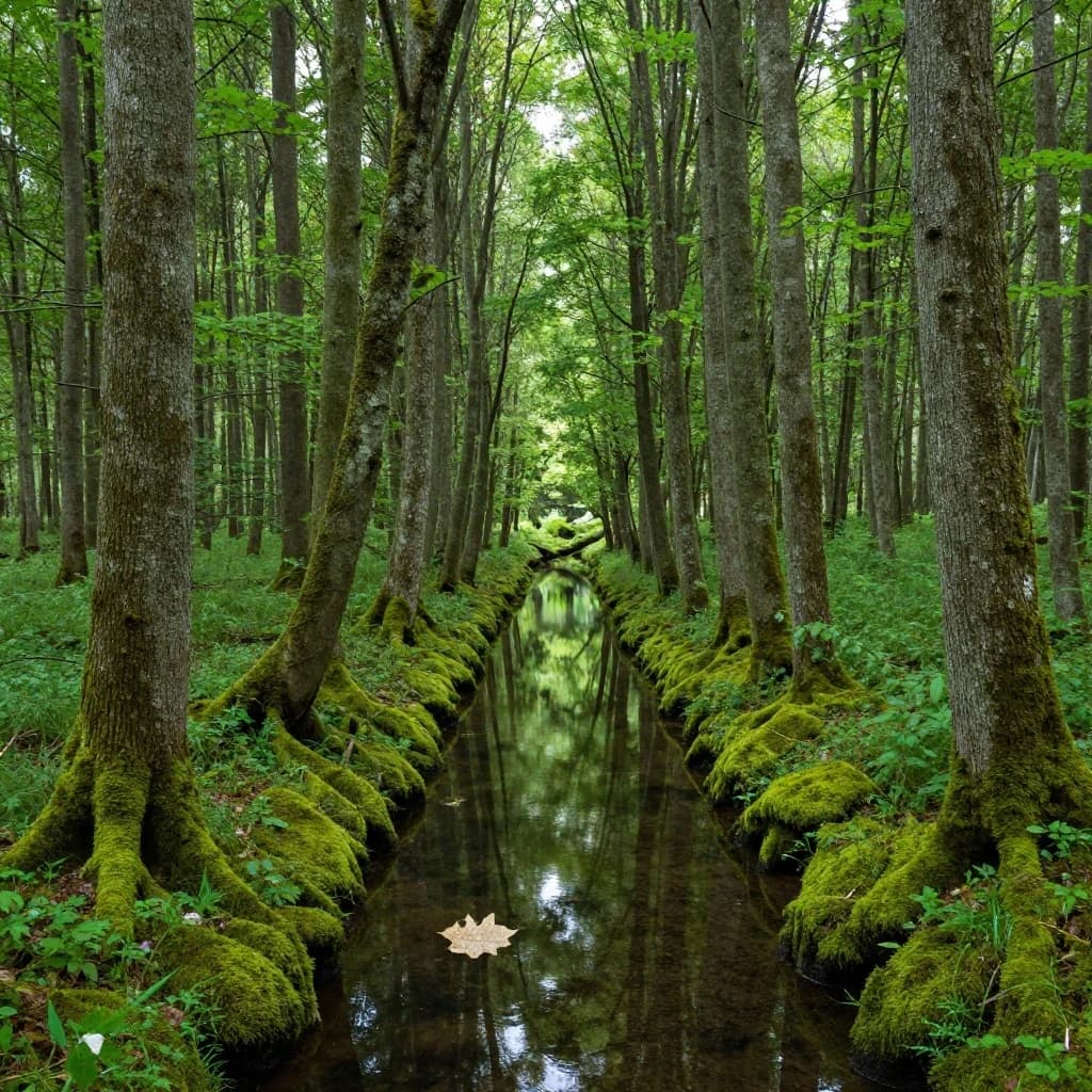 The forest is saturated green, trees identical in height and width, trunks straight, bark texture repeating. One trunk leans diagonally yet the branches remain vertical. The moss is emerald, glistening, though each patch forms identical diamond shapes. A stream runs straight, perfectly linear, water clear, reflecting clouds not visible in the sky. No animals, no insects, but one leaf floats on the water, doubled, showing two overlapping shadows.