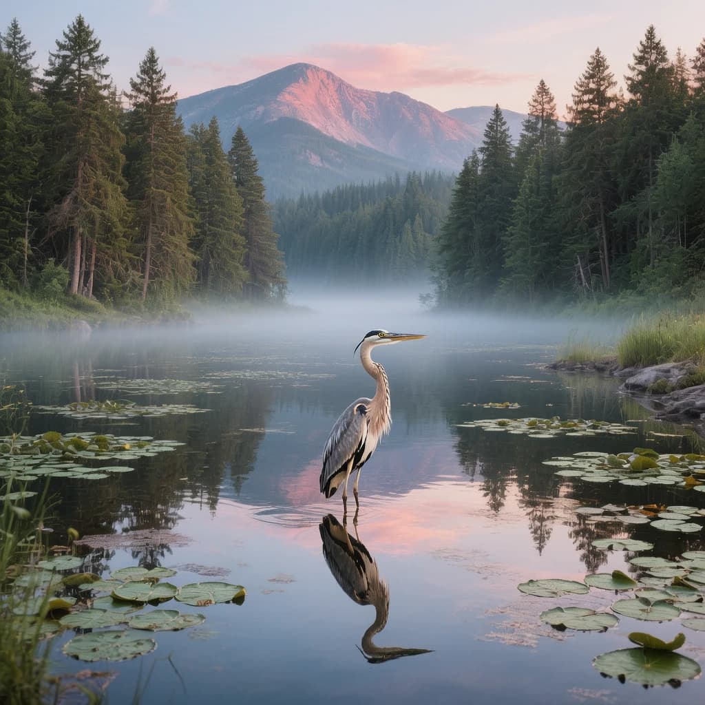 With pre-dawn mist along a cedar forest river and glassy water dotted with lily pads, distant mountains blush pink, and a heron stands still like it forgot what to do next.