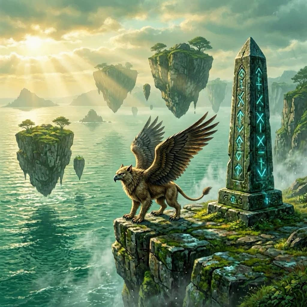 At dawn, a winged griffin lands on a mossy cliff above a jade sea beside a runed obelisk; floating isles drift under golden sunbeams, with a bit of sea spray and glowing runes.