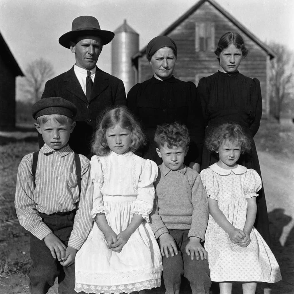 Everybody holds still and nobody smiles for the family portrait. It's 1928 in Kansas