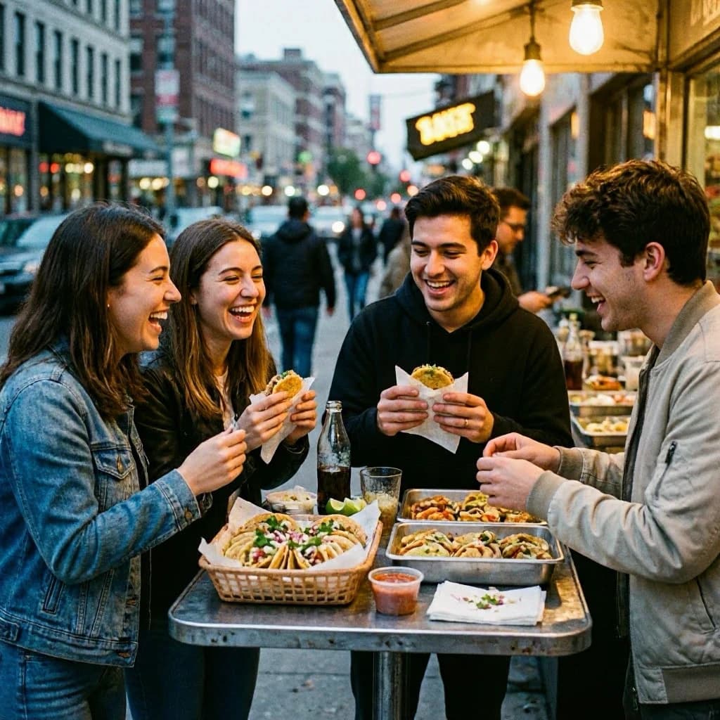 Friends laugh over street tacos at dusk, candid, shallow depth.