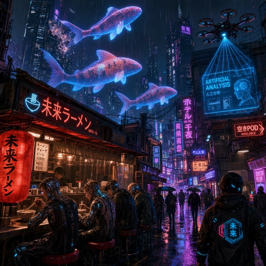 A neon alley in Neo-Tokyo 2142 drips with rain Cybernetic patrons slurp ramen at a stall with their glowing implants humming with blue light. Three giant holographic koi hover 10 metres above the ground and swim across the skyline, one has clipped into a building. A six-prop drone hovers nearby, projecting "Artificial Analysis" onto a wall with blue laser beams visible