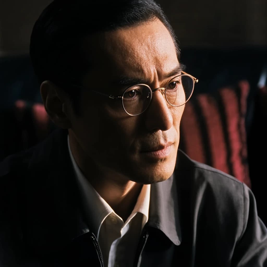 A sharply lit portrait of a middle-aged man wearing thin-rimmed glasses and a dark jacket over a white collared shirt. He gazes intently to the side, his face half illuminated by warm light while the background recedes into deep shadow. The expression is thoughtful, almost wary, as if caught mid-conversation. Behind him, a striped cushion in muted reds and blacks adds subtle texture, contrasting with the crisp highlights on his forehead and glasses. The overall mood is contemplative and cinematic, balancing warmth with tension.