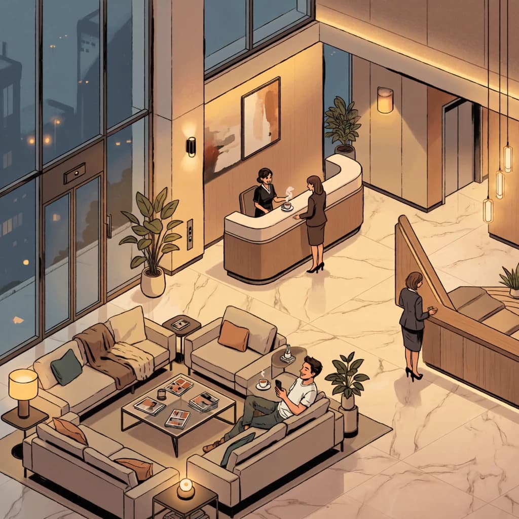Isometric 3D lobby, glass walls, warm lights, slightly moody, soft shadows.