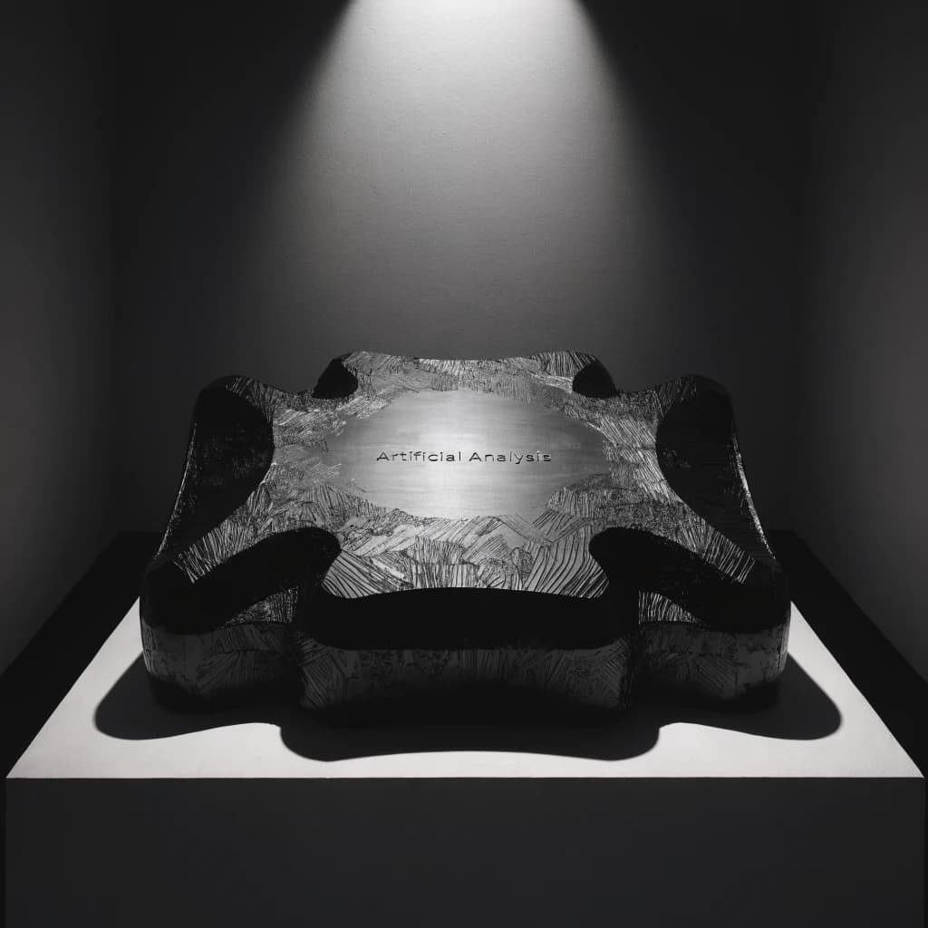 A premium matte black laptop-sized box rests on a pure white pedestal within a gallery space. Overhead, a single spotlight carves sharp contrast, leaving the edges in deep shadow. The brand name Artificial Analysis is embossed in silver foil, glinting faintly as though it were jewelry.