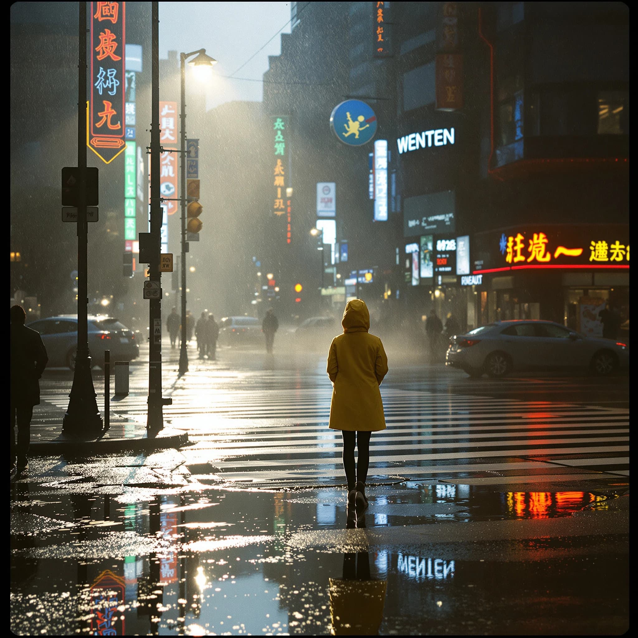 A sunlit city street after rain; puddles mirror neon signs as a woman in a yellow raincoat waits at a crosswalk, soft mist, 50mm look, natural tones, a bit of film grain.