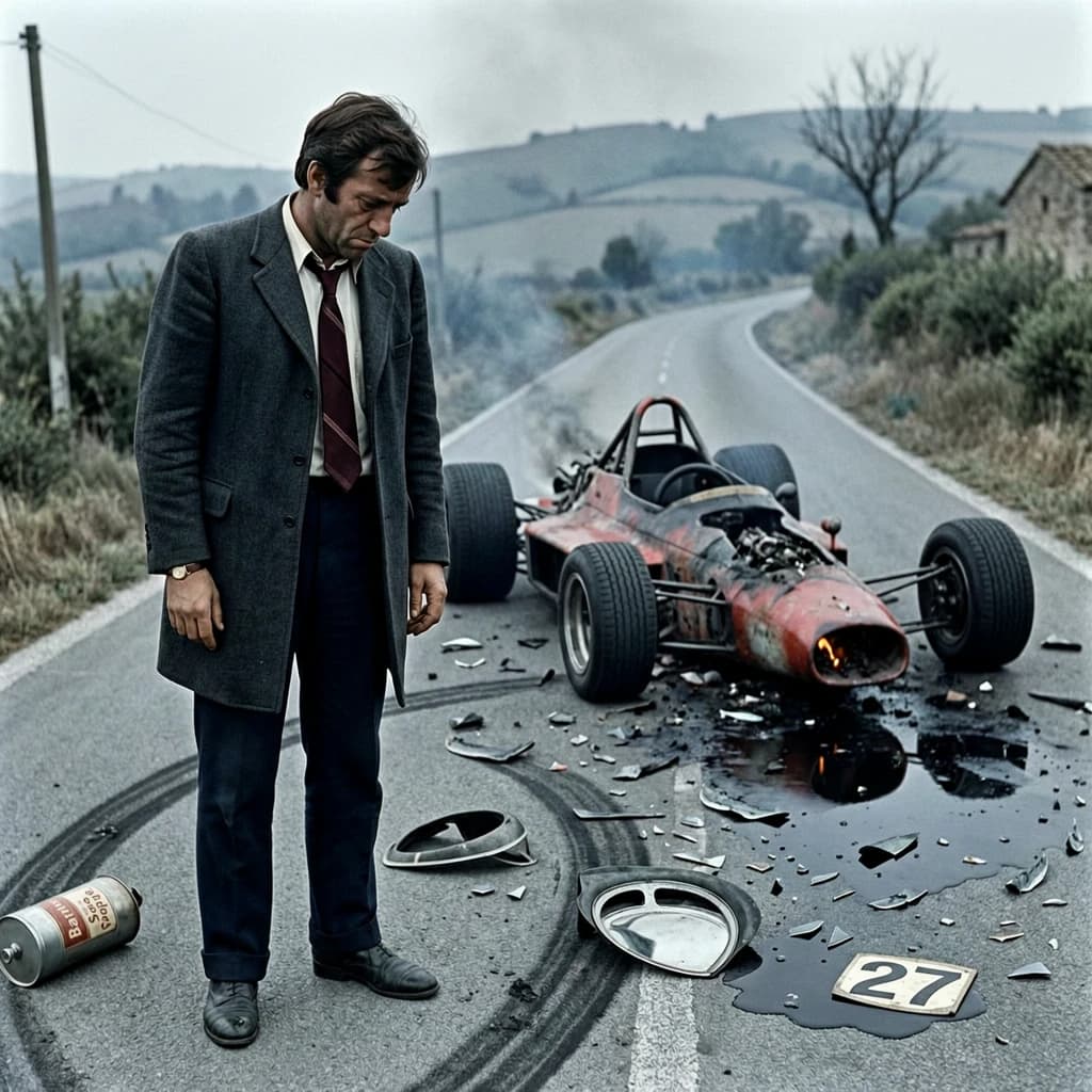 Mario examines the still smouldering wreck of the crash that took his best driver on the side of the country road. He designed this car and caused this. 3 days have passed since the crash. It's 1973 in Northern Italy.