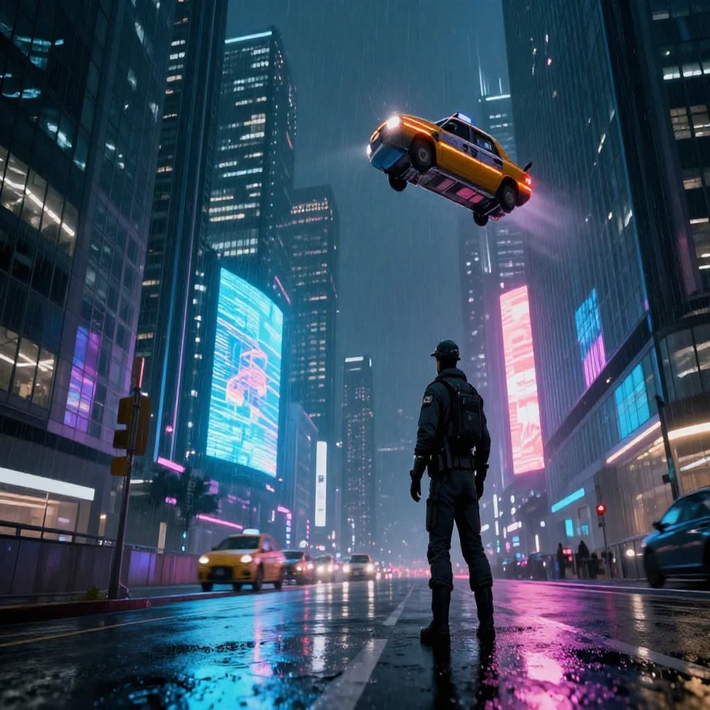 Rain-soaked neon megacity at night, flying taxis weave between glass towers, giant holograms flicker; a lone courier in a matte exosuit, somewhat cinematic wide angle.