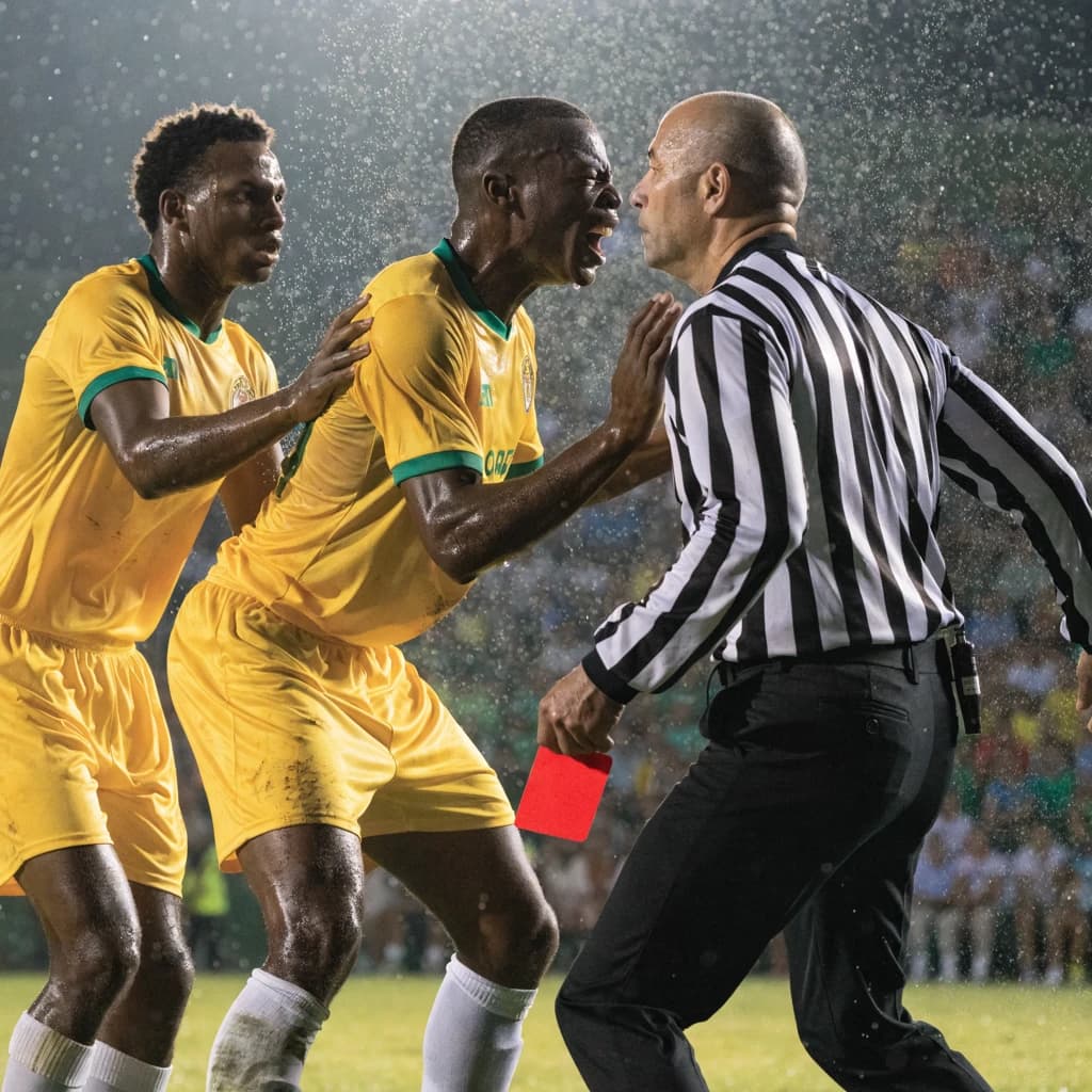 The soccer player clashes with the ref. It is thick and humid and the heat is getting to the players. His friend tries to pull him off before he causes any more trouble.