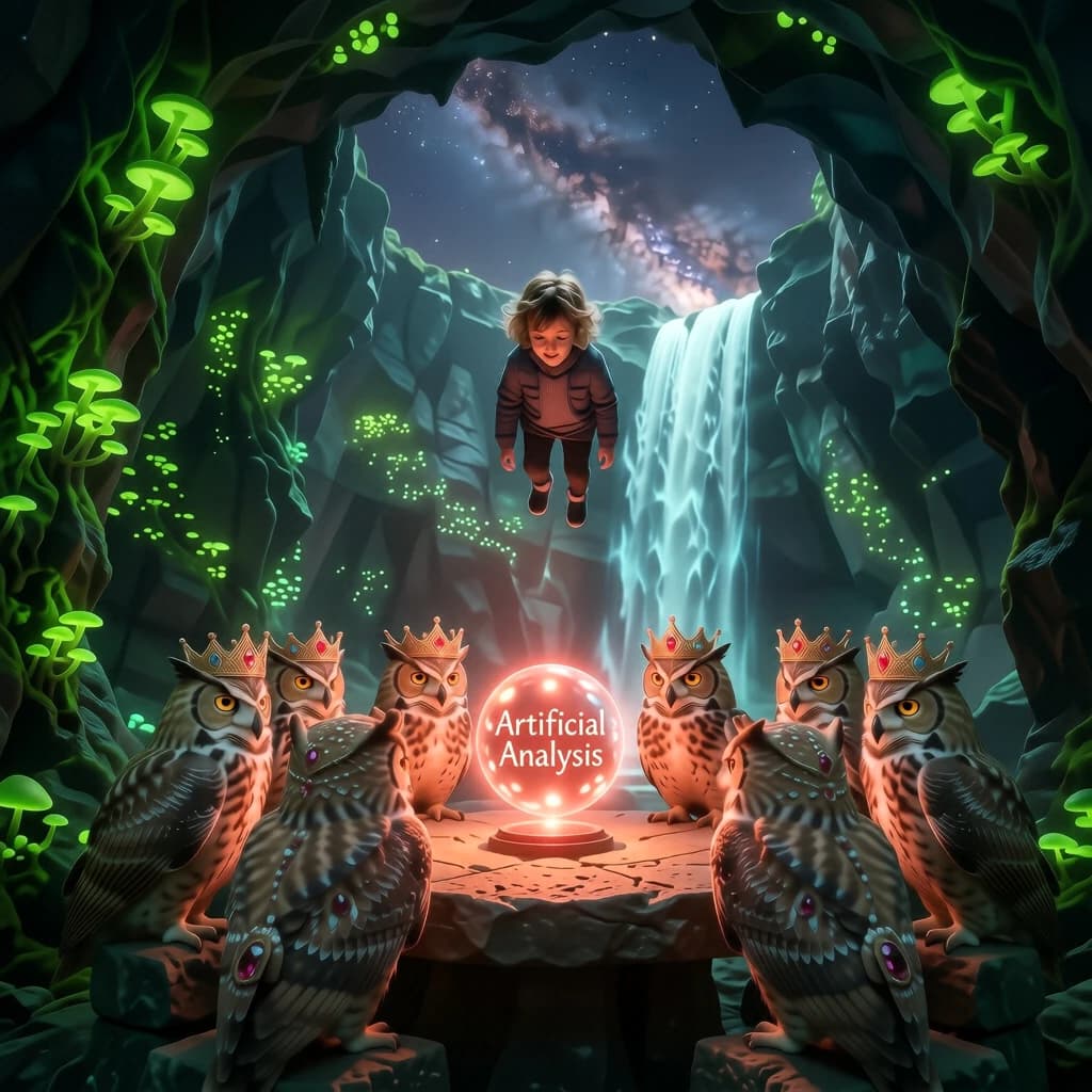 In a cavern lined with bioluminescent fungi glowing lime green, the council of owls wear jeweled crowns that glimmer with rubies, their wings folded behind their backs. Dust coats the stone table, a glowing orb inscribed with “Artificial Analysis” hovers above the table illuminating the owls with its red pulsating light. Behind them, a waterfall falls upward into a ceiling that opens onto stars - a child looks down in wonder from above at what he has stumbled across.