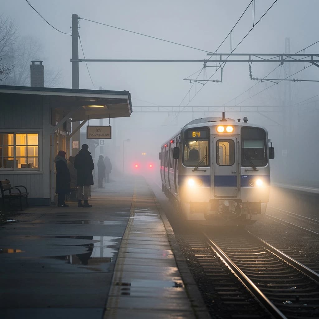 A commuter train enters a foggy little station.