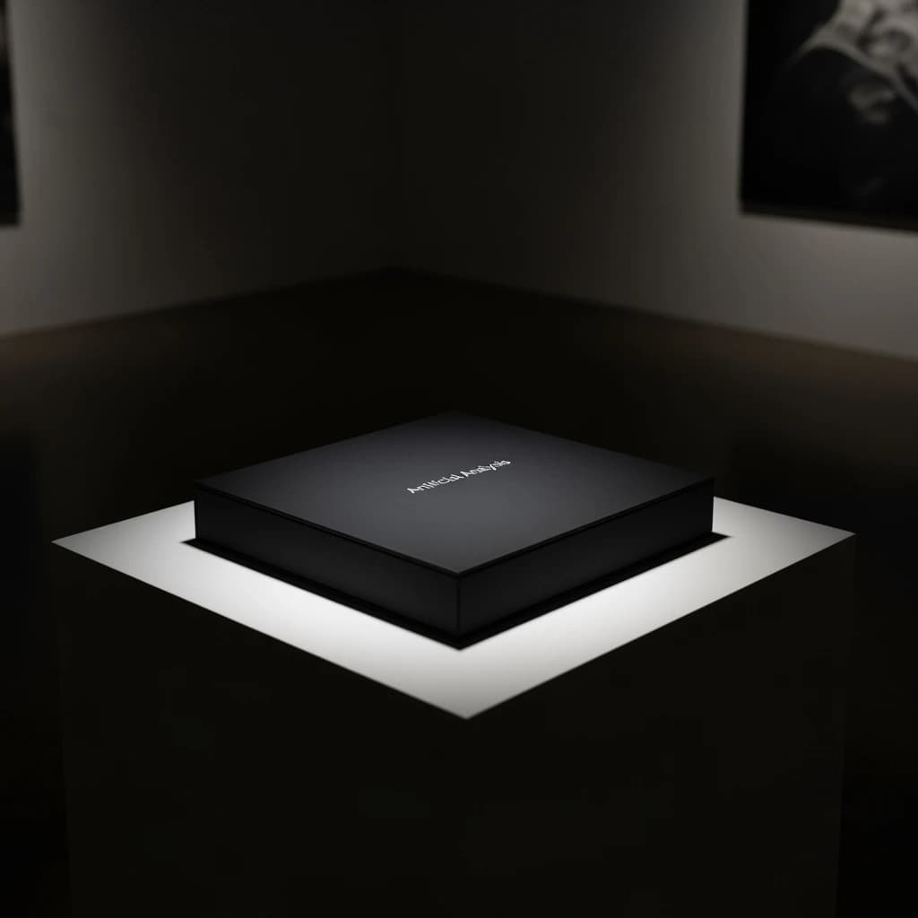 A premium matte black laptop-sized box rests on a pure white pedestal within a gallery space. Overhead, a single spotlight carves sharp contrast, leaving the edges in deep shadow. The brand name Artificial Analysis is embossed in silver foil, glinting faintly as though it were jewelry.
