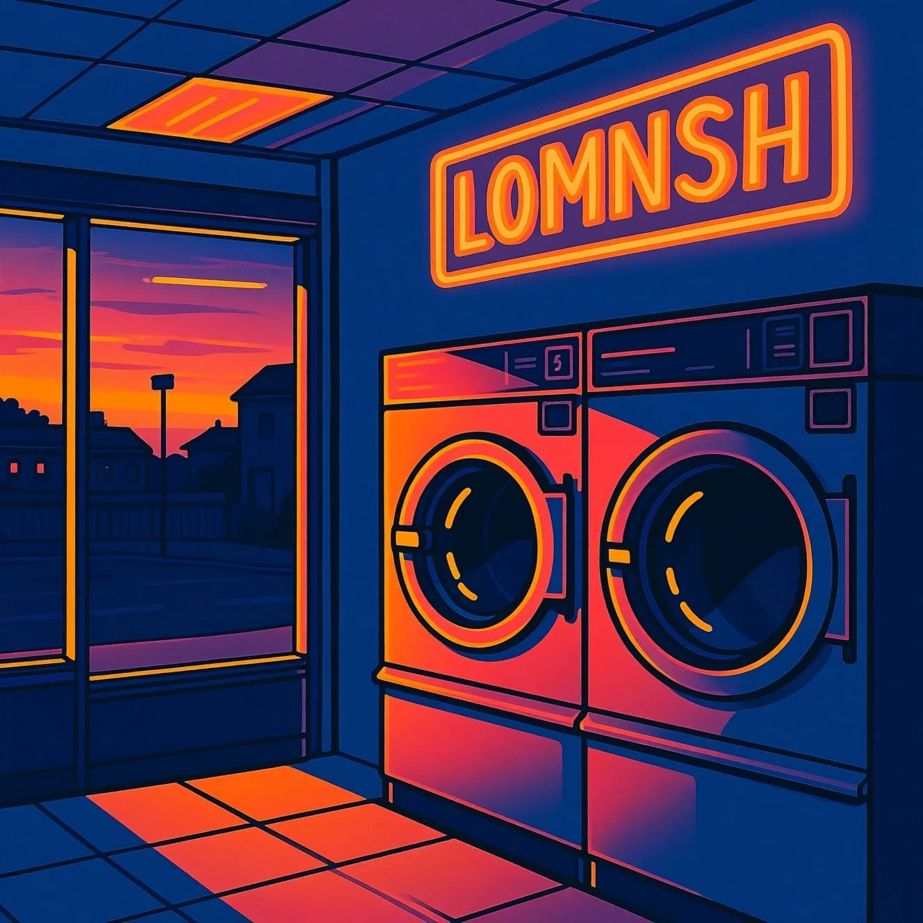 A cozy laundromat at dusk, neon humming, flat colors, bold inked lines.