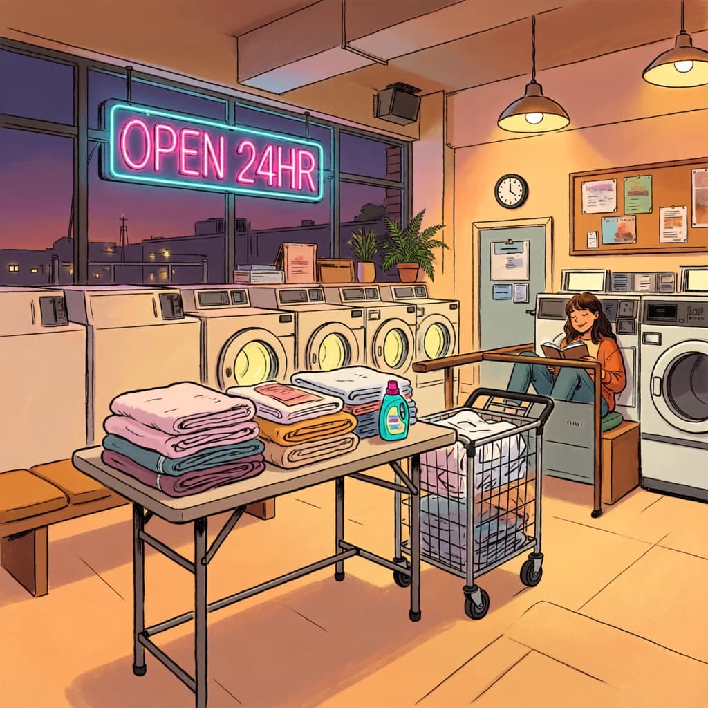 A cozy laundromat at dusk, neon humming, flat colors, bold inked lines.