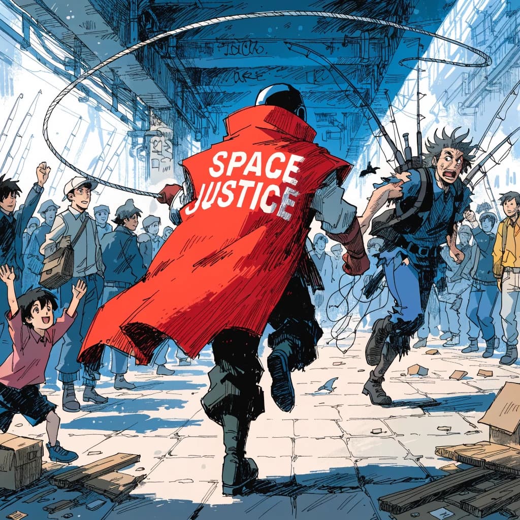 The space cowboy chases the deranged fisherman underneath the causeway, eager to collect on his bounty. Fishing rods and lines hang off the back off the fishermen as he darts between the bustling market crowd. We see the back of the space cowboy in his space poncho emblazoned with the words SPACE JUSTICE, spinning his lasso over his head. A child on the sidelines excitedly cheers the cowboy. 1990s hand drawn anime style with strong fluidity