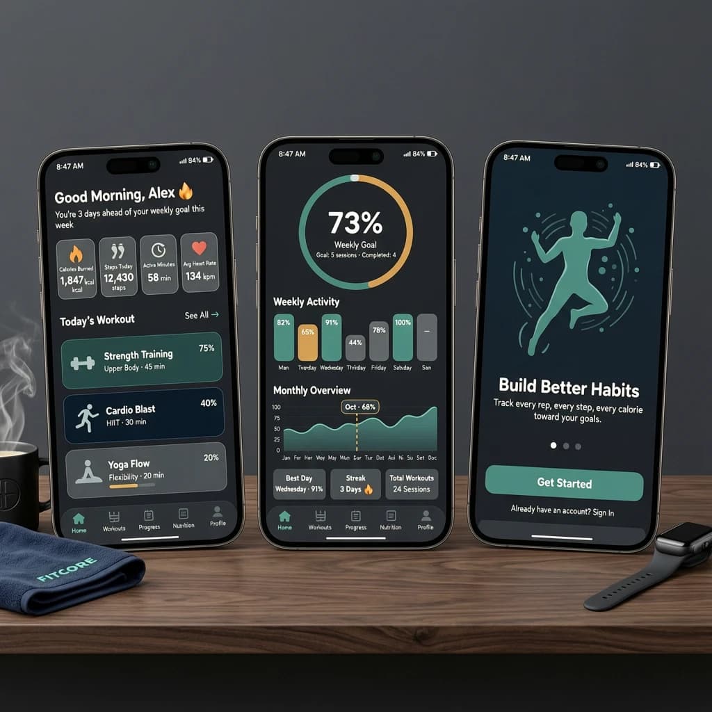 Sleek mobile fitness app screens on a desk: dark mode home, progress dashboard, simple onboarding, clear 8 pt grid, slightly oversized buttons for thumb reach, muted colors.