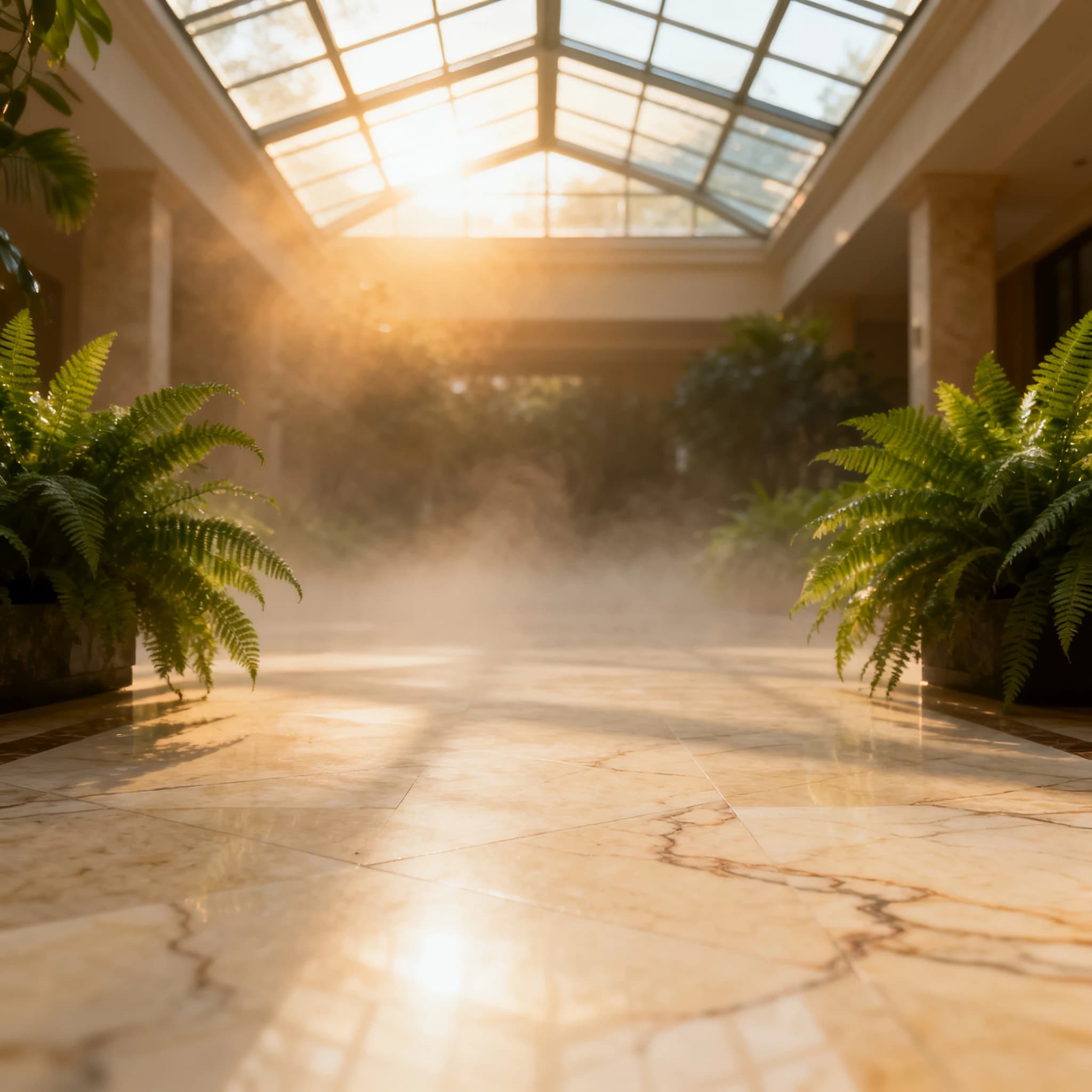 Sunlit atrium with glass ceiling, marble floor, ferns, a bit of morning haze.