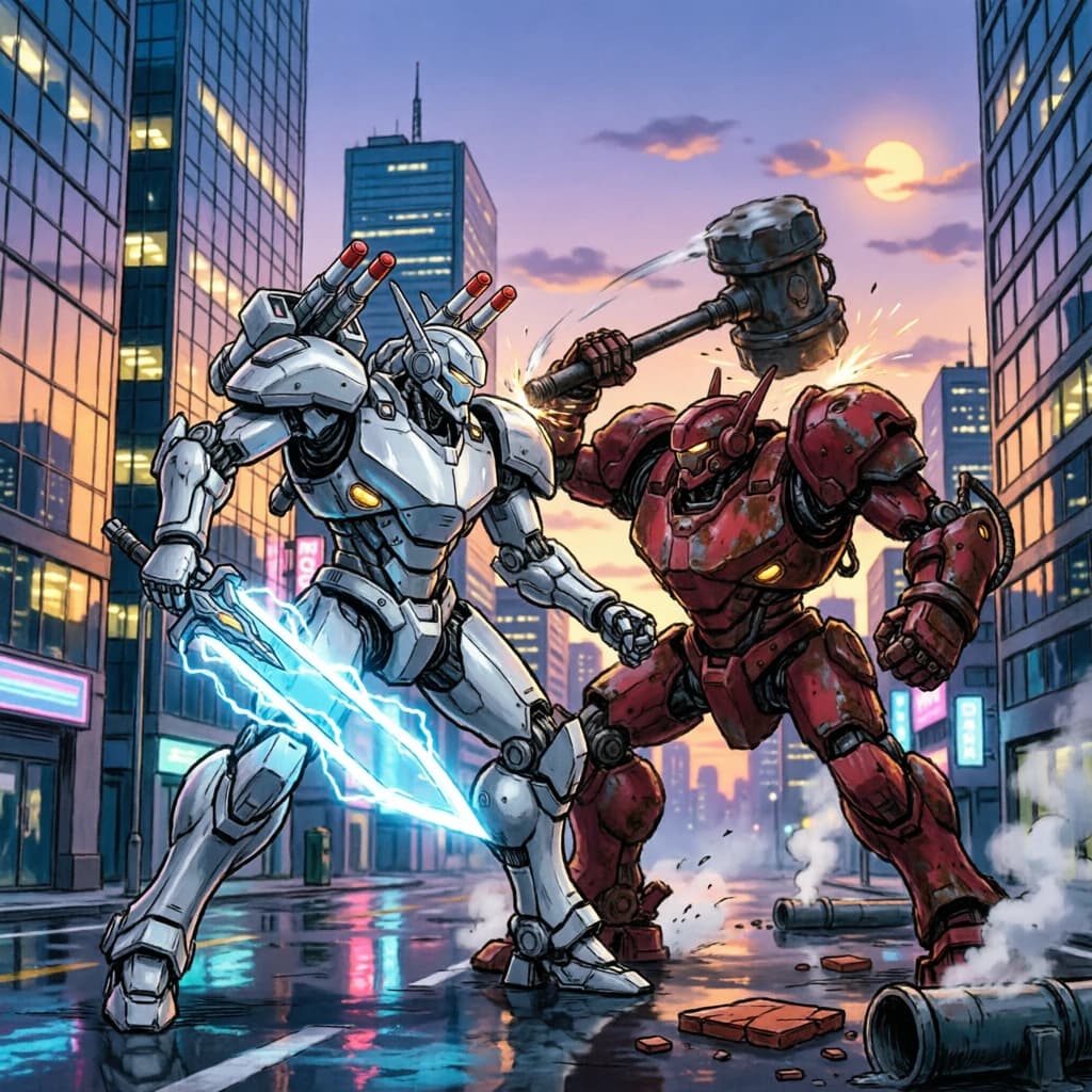 Make a cel-shaded mecha duel at dusk downtown.