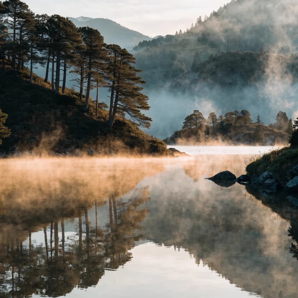 I want a photo of a misty alpine lake at dawn, pines, glassy water, warm light.