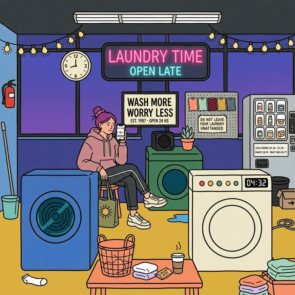 A cozy laundromat at dusk, neon humming, flat colors, bold inked lines.