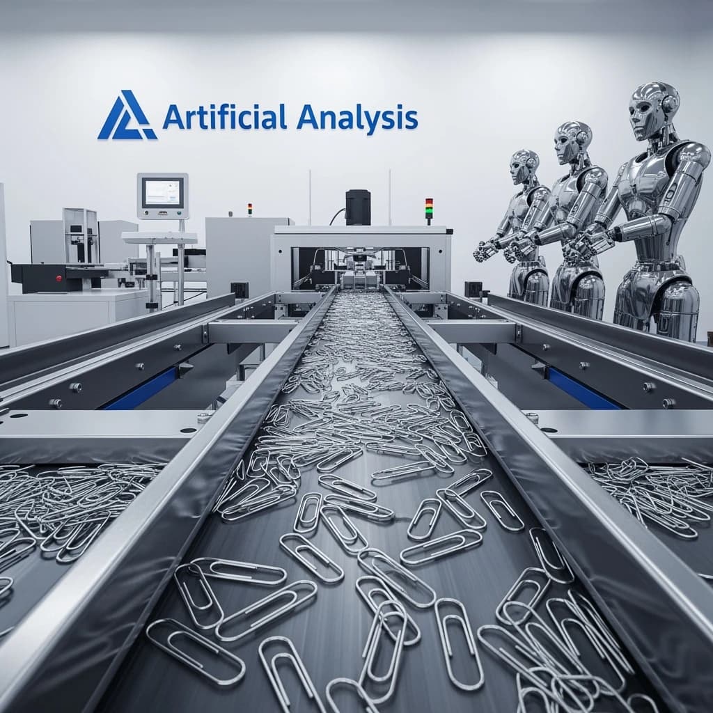 Close up point of view perspective on a conveyor belt pumping out paperclips at a maddening pace. The high tech factory has Artificial Analysis printed proudly on the wall. Robot staff look approvingly over the robust output.