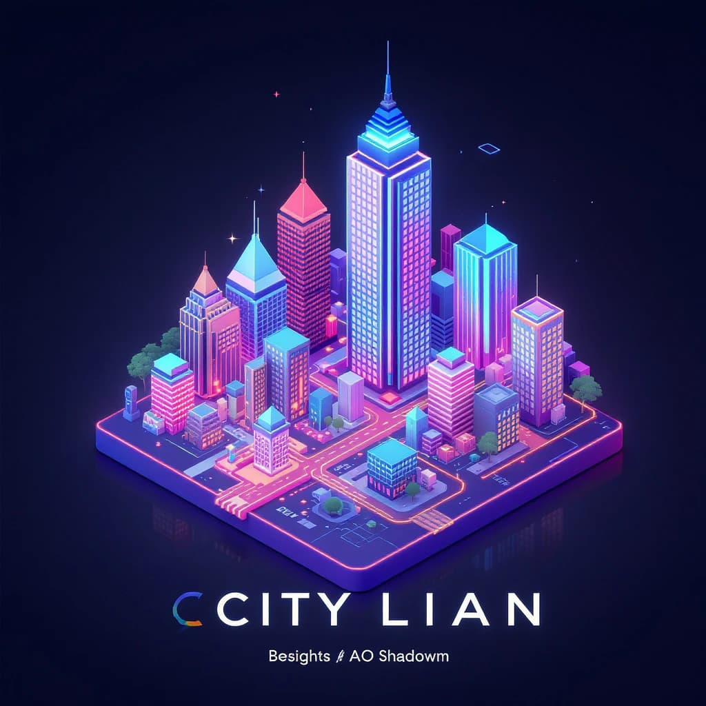 Render an isometric city poster with geometric buildings, neon gradients, gloss highlights, soft AO shadows, clean sans-serif lettering, grid layout, reflections a bit overexposed.