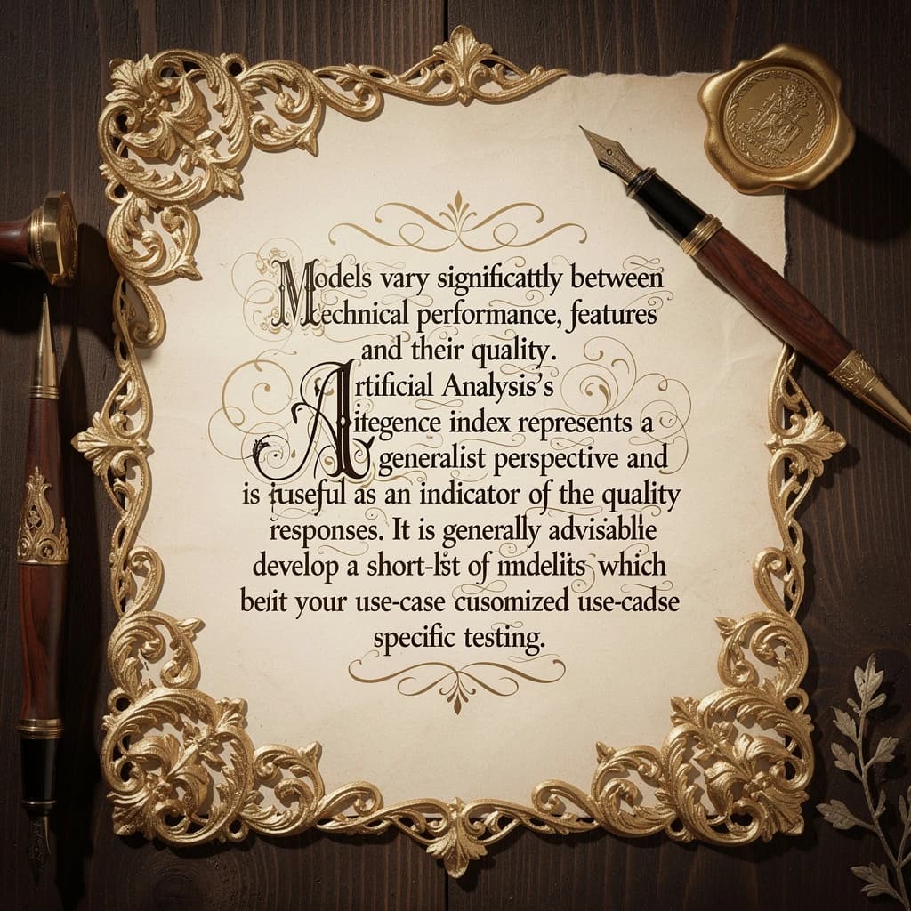On a flat layout, write in an ornate baroque style "Models vary significantly between their technical performance, features and their quality. Artificial Analysis's intelligence index represents a generalist perspective and is useful as an indicator of the quality of responses. It is generally advisable to develop a short-list of models which best suit your use-case for customized use-case specific testing. "