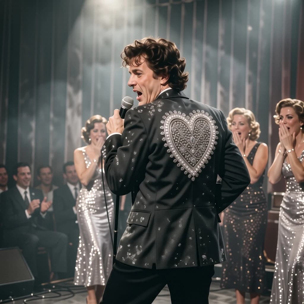 An archival image from 1953 of the rock singer swinging his hips on the stage while glamorous back up singers feign shock at his gyrations! He wears a diamond encrusted jacket with the stones arranged in the shape of a heart