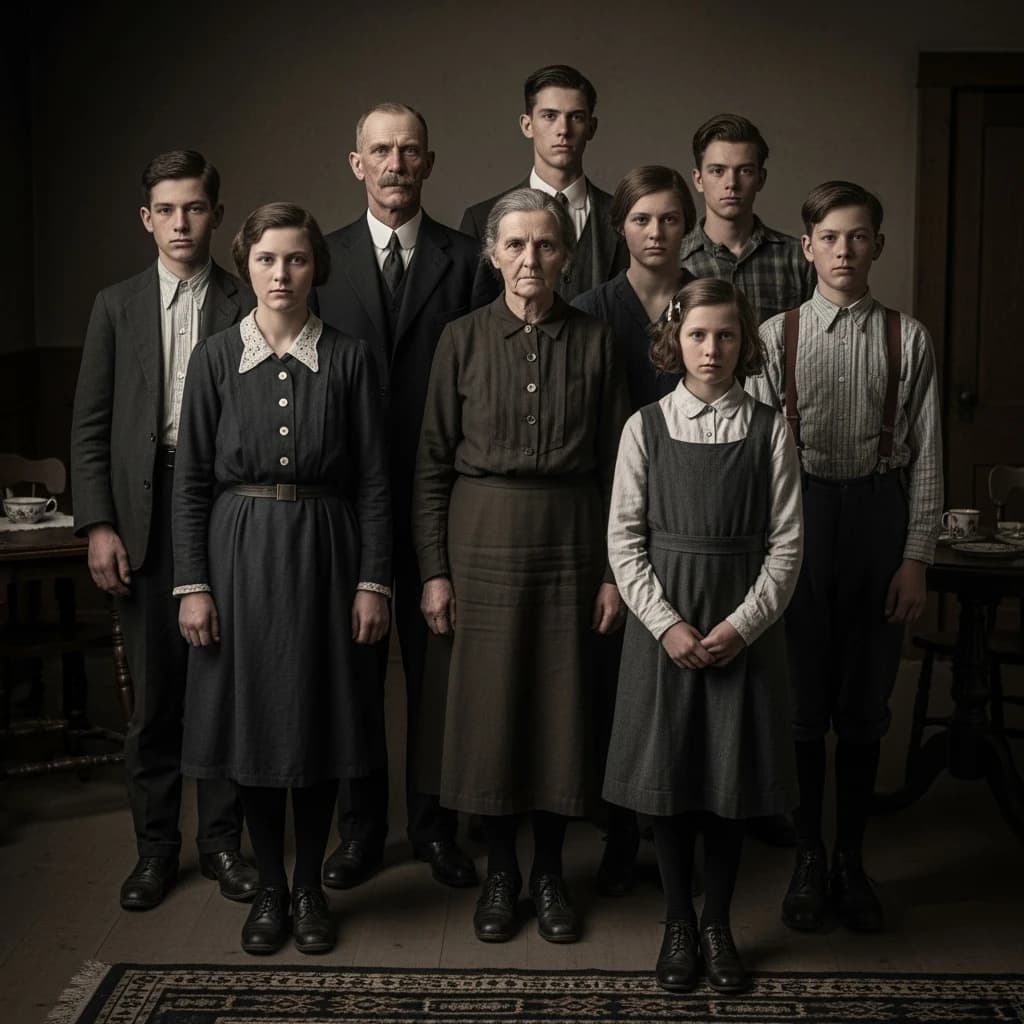 Everybody holds still and nobody smiles for the family portrait. It's 1928 in Kansas