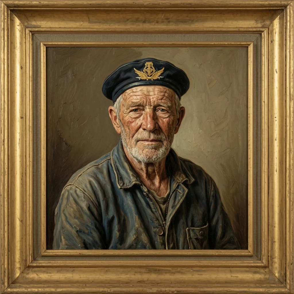 Oil on canvas portrait of an elderly sailor, weathered face, soft light.