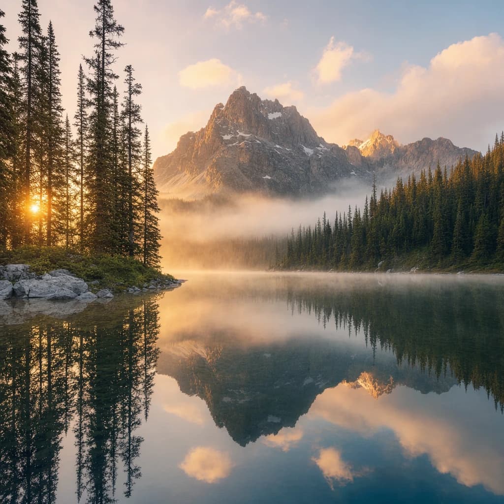 I want a photo of a misty alpine lake at dawn, pines, glassy water, warm light.