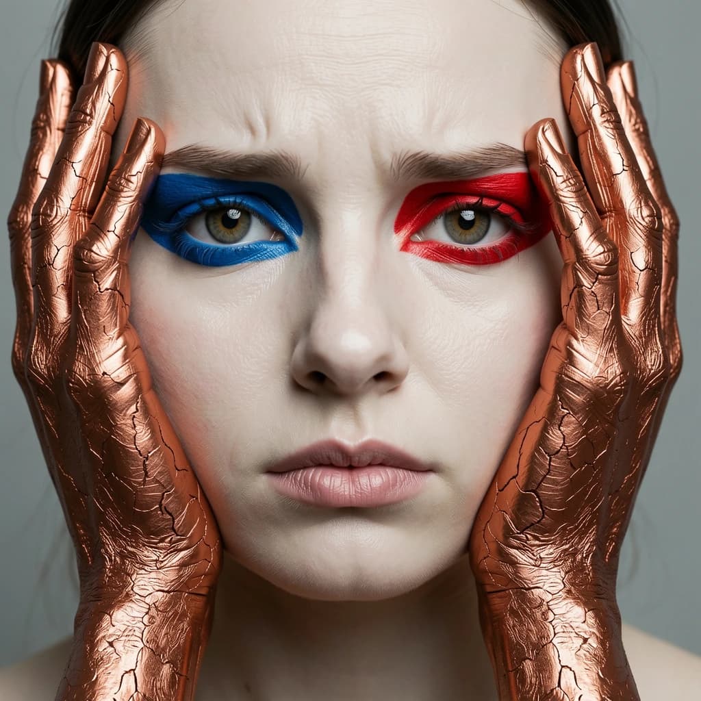 A striking close-up portrait of a woman with cracked metallic copper-painted hands framing her face. Her vivid blue and red eye makeup contrasts sharply with the smooth, pale skin and muted background, creating a bold, surreal composition. She displays an air of uncertainty about her