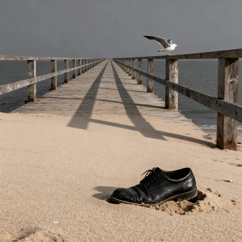 The beach is flat, sand beige, granular, no shells, except for a single left shoe, black leather, size eleven, half buried at an angle. The pier extends straight into the water, wood untreated, grain visible, though the support posts vanish before they touch the surface. The sky is uniformly gray, no clouds, yet shadows stretch at sharp diagonals. A single gull sits on the railing, wings outstretched, frozen mid-flap, no movement.