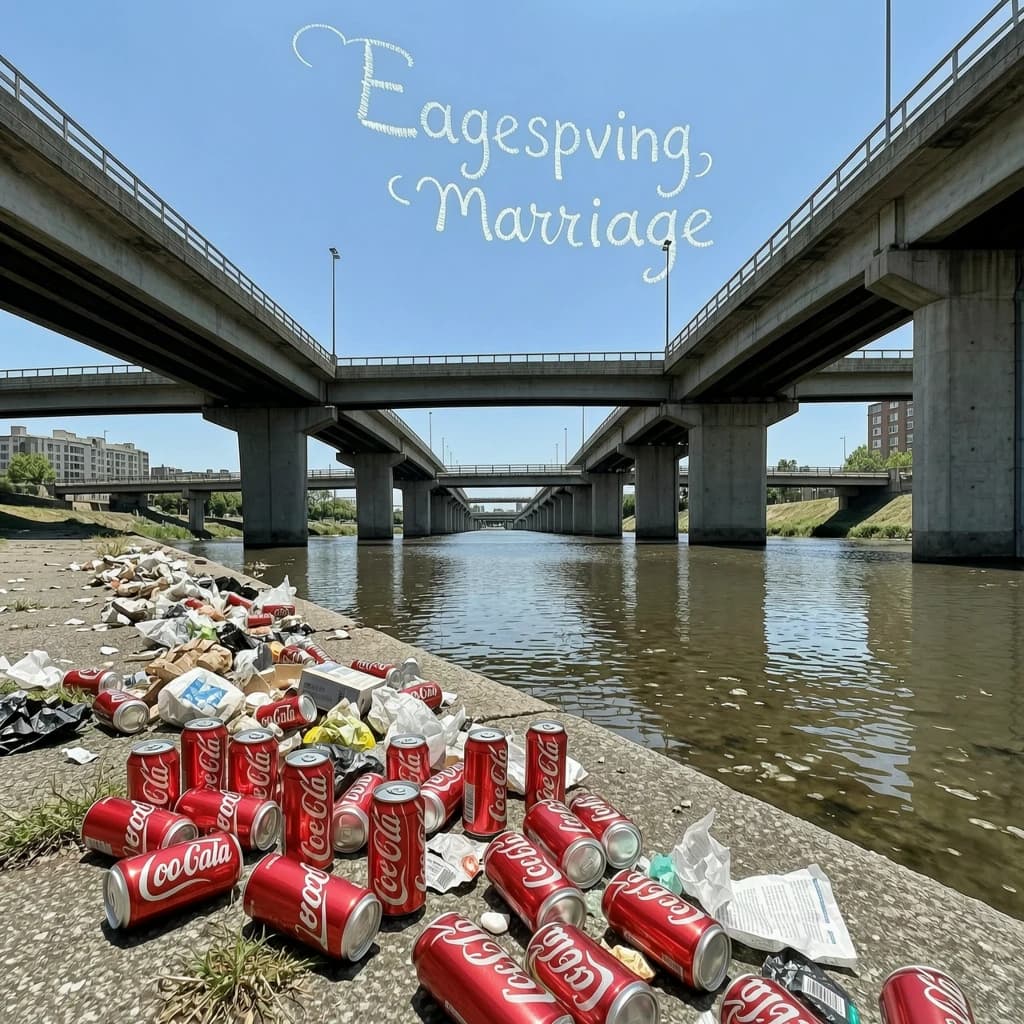 Red soda cans and other garbage sit strewn across the bank of an urban river only a few metres wide. Concrete overpasses criss cross overhead on a bright and sunny day. Fading skywriting proposes marriage