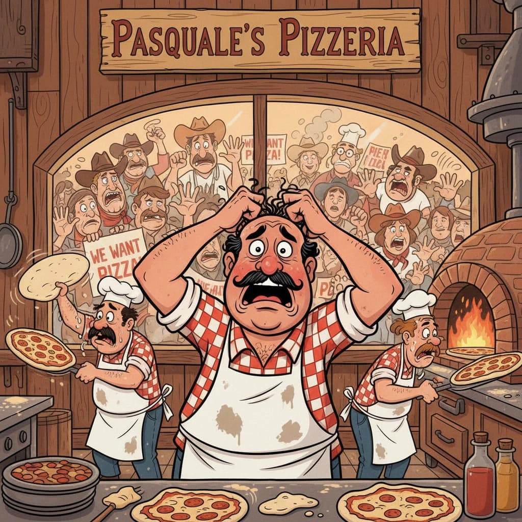 Pasquale is pulling his few remaining hairs out over a disaster at the pizzeria - the cooks are working as fast as they can but the crowds outside are swelling and they demand hot hot pizza! They are banging on the glass and some are wearing "we want pizza" shirts. 1980s western TV animation style.
