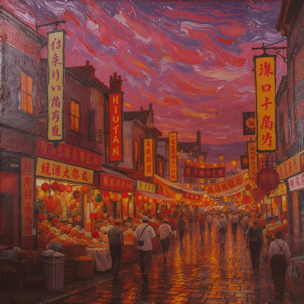 I want an oil painting of a busy market street with gaudy shop signs at dusk.