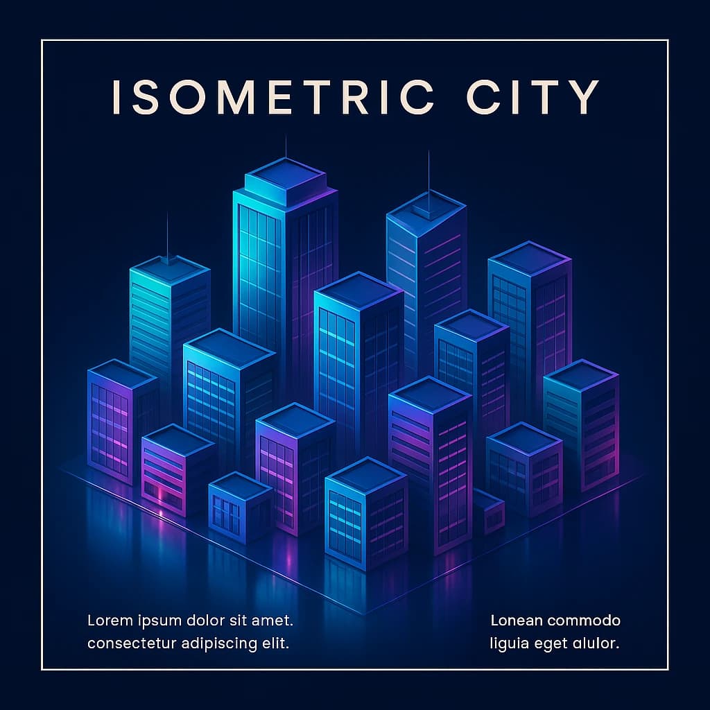 Render an isometric city poster with geometric buildings, neon gradients, gloss highlights, soft AO shadows, clean sans-serif lettering, grid layout, reflections a bit overexposed.